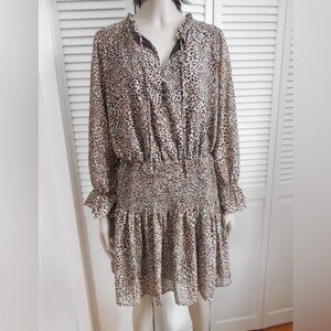 New Dex women Leopard Print Brown smocked waist long  Sleeve dress size medium